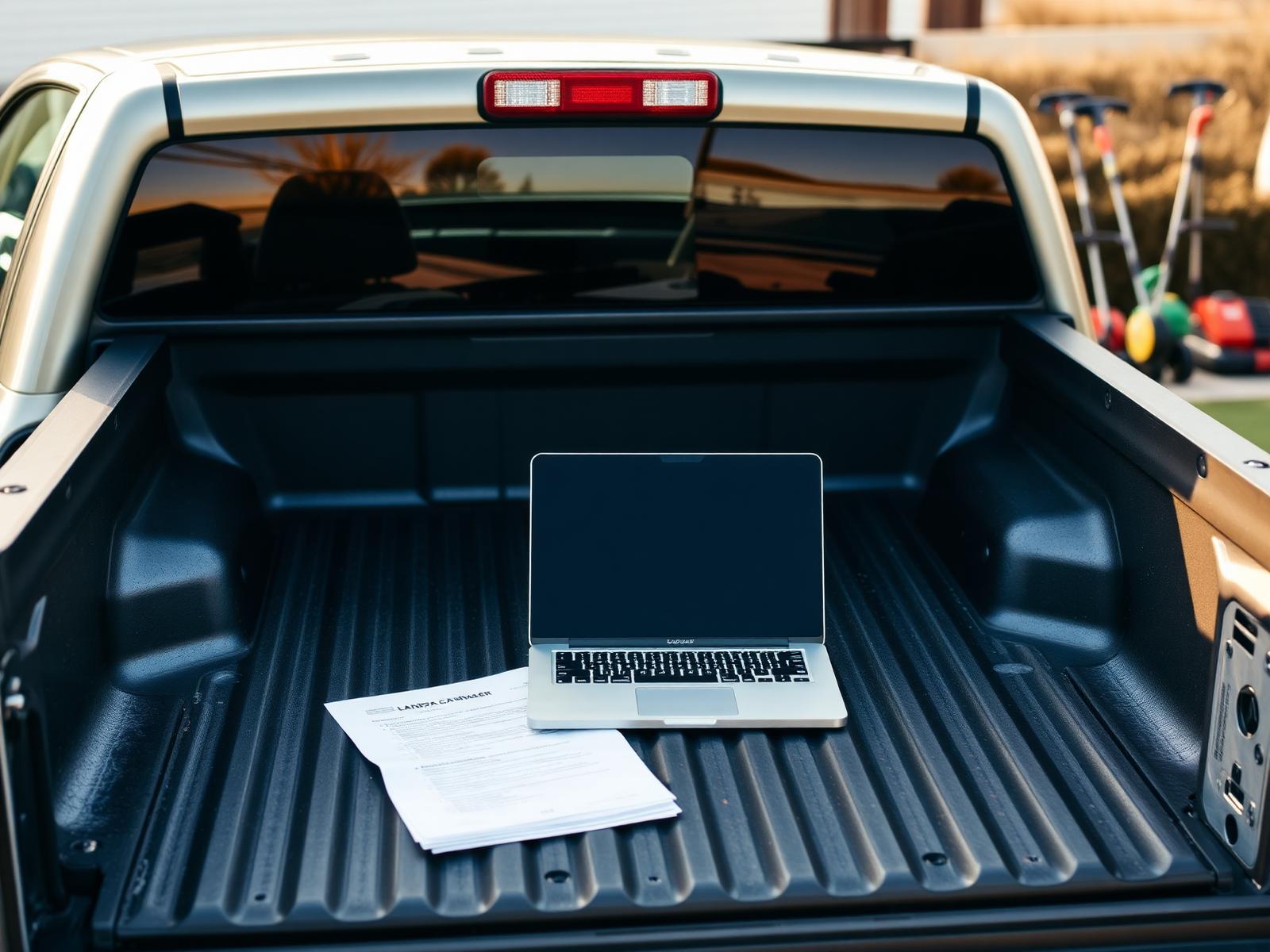A landscaping crew's pickup truck tailgate with a laptop and organized paperwork